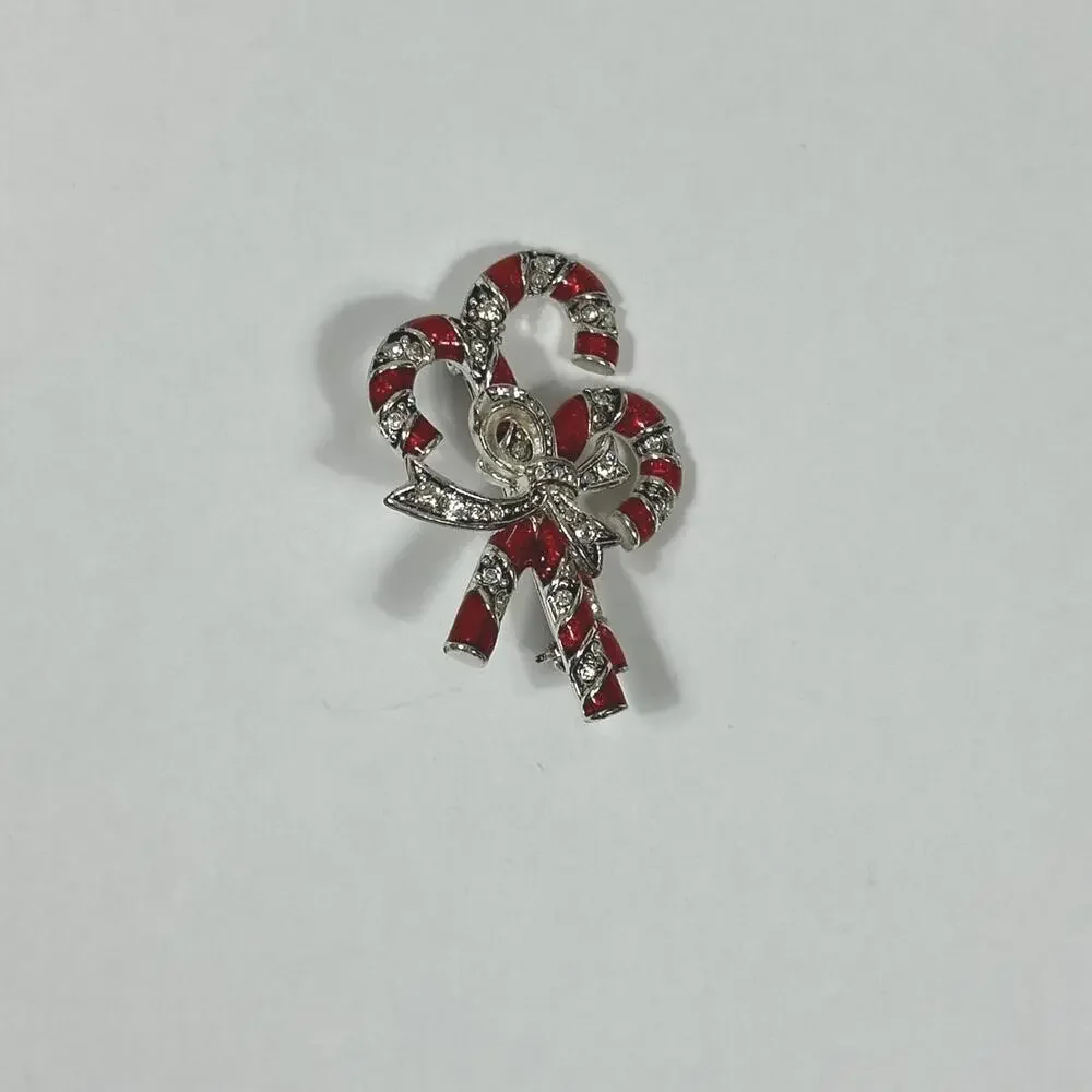 Monet Red and Silver Toned Christmas Candy Cane Brooch with‎ Clear CZ